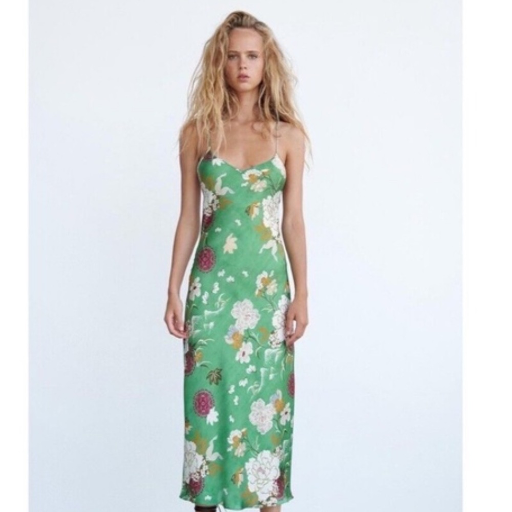 Zara Green Floral Strappy Tie Back Satin Maxi Dress